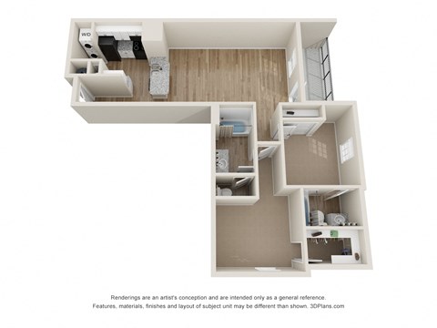 a stylized floor plan with a bedroom and a living room